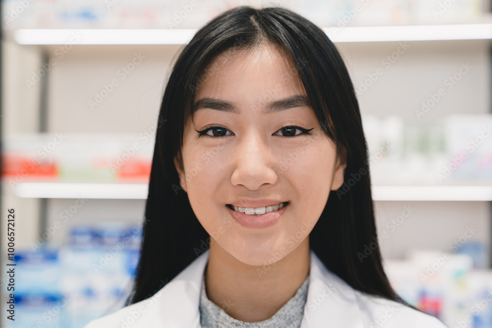 Closeup cropped shot of smiling asian female young pharmacist druggist in white medical coat looking at camera in pharmacy drugstore Closeup cropped shot of smiling asian female young pharmacist druggist in white medical coat looking at camera in pharmacy drugstore
