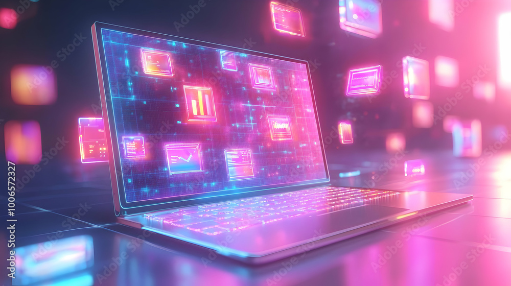 3D Laptop with Holographic Compliance & Planning Icons on White Background - Close Up of Business Responsibility Concept for Strategic Planning 3D Laptop with Holographic Compliance & Planning Icons on White Background - Close Up of Business Responsibility Concept for Strategic Planning