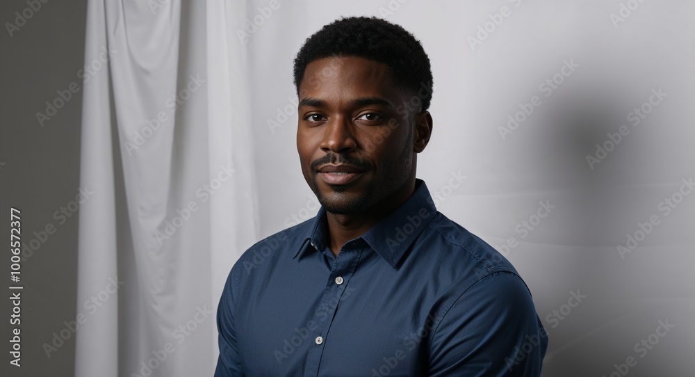 Obraz premium Attractive confident African American male model studio portrait on clean white backdrop