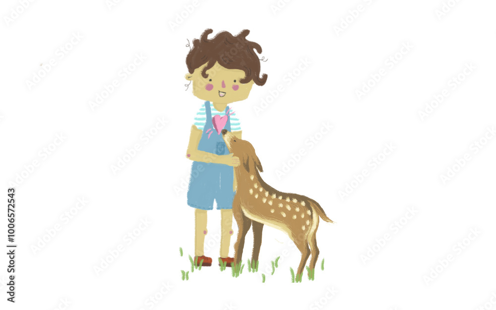 Obraz premium Illustration of young boy hugging a deer.