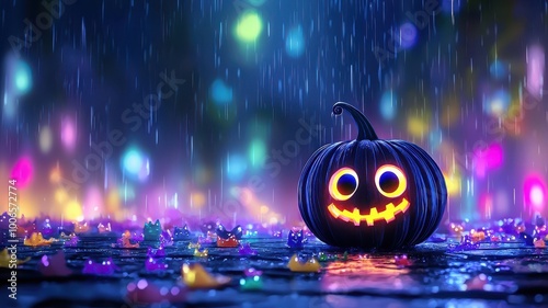 Smiling Halloween pumpkin with colorful bokeh background and raindrops.