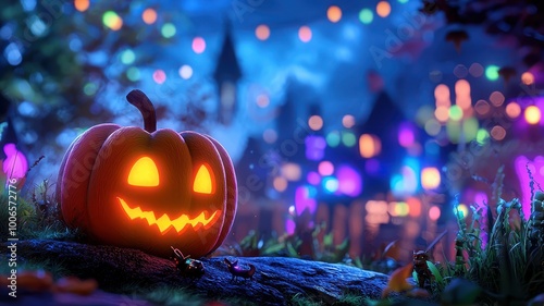 Spooky Halloween pumpkin glowing in a vibrant autumn scene.