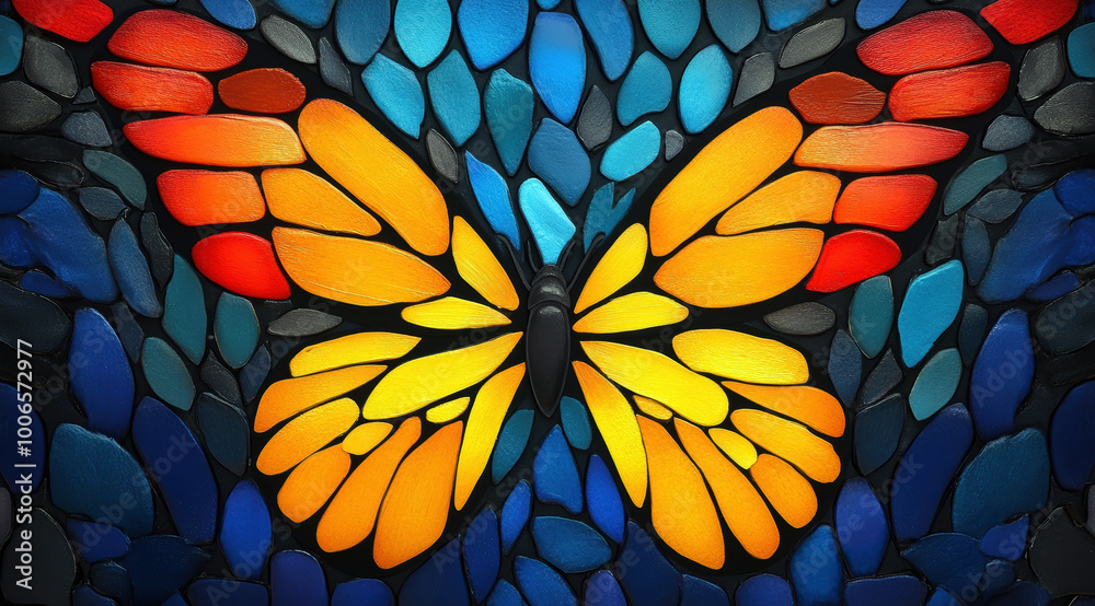 This stunning mosaic showcases a butterfly with vibrant yellow and orange wings, surrounded by intricate blue stones, creating a mesmerizing, artistic composition that celebrates nature's beauty. This stunning mosaic showcases a butterfly with vibrant yellow and orange wings, surrounded by intricate blue stones, creating a mesmerizing, artistic composition that celebrates nature's beauty.