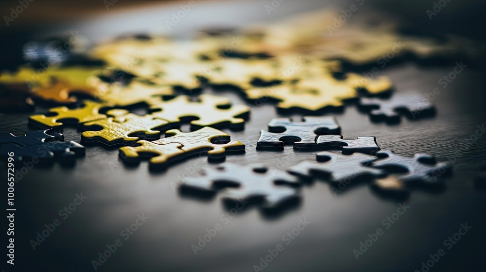 An empty table filled with scattered jigsaw puzzle pieces, waiting to be organized and assembled. An empty table filled with scattered jigsaw puzzle pieces, waiting to be organized and assembled.