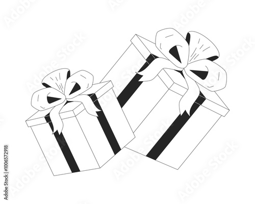 Ribbons gift boxes black and white 2D line object. Birthday present. Donation giveaway. Thanks packages give away. Giftboxes bows isolated clip art vector outline item. Monochromatic spot illustration