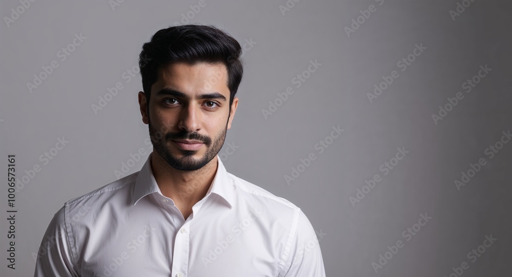 Obraz premium Charming Middle Eastern male model in studio portrait on simple white backdrop