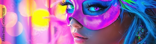 Vibrant portrait of a masked woman with colorful makeup against a bright background.