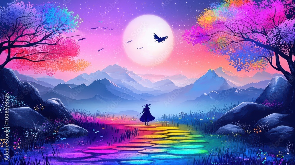 Fototapeta premium A colorful fantasy landscape with mountains, a figure, and a vibrant rainbow path.