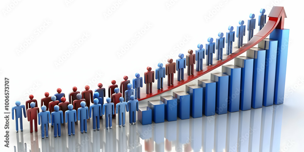 3D Bar Graph Visualizing Ascending Voter Turnout: Close-Up of Rising Bars Resembling People, Tracking Upward Against White Background for Enhanced Voter Participation Concept