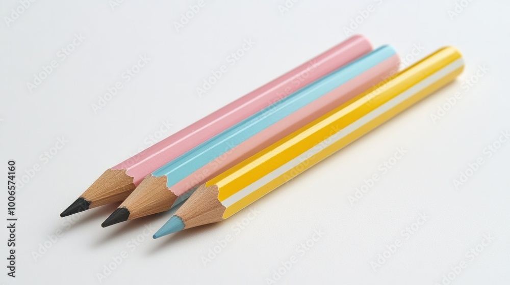 Three cute pencils with colorful stripes, arranged neatly on a white surface, ideal for illustrating organized creativity - Three cute pencils with colorful stripes, arranged neatly on a white surface, ideal for illustrating organized creativity -