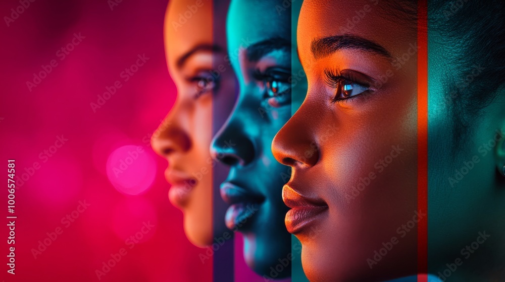 A captivating split-screen captures diverse faces in striking colors, emphasizing interconnectedness and individuality through geometric lines and contrasting hues