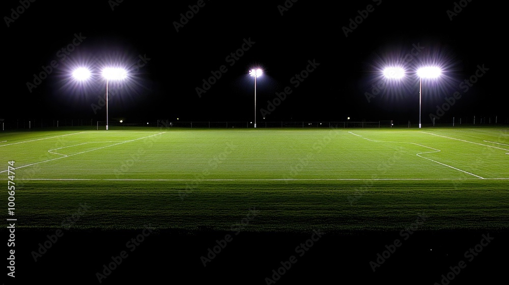 An overhead view of a silent soccer stadium, the floodlights illuminating the empty pitch under a dark sky. An overhead view of a silent soccer stadium, the floodlights illuminating the empty pitch under a dark sky.