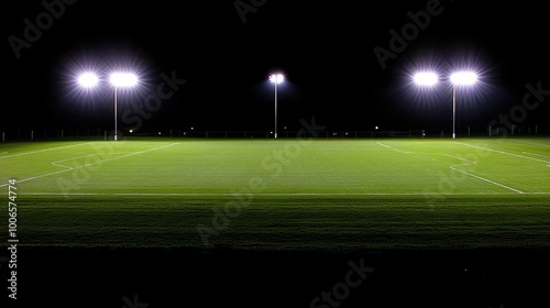 An overhead view of a silent soccer stadium, the floodlights illuminating the empty pitch under a dark sky.