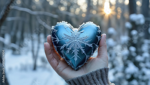Icy Anatomical Heart in Woman's Hand in frosty weather