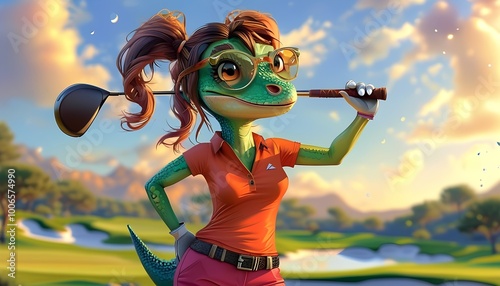 Fototapeta Naklejka Na Ścianę i Meble -  This charming illustration features a beautiful dinosaur happily playing golf.