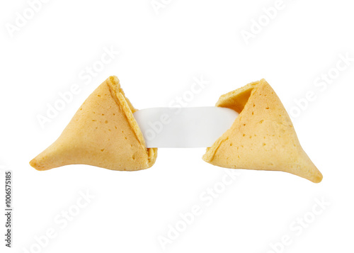 Opened fortune cookie with a empty piece of paper inside, a "fortune". Empty paper to fill in yourself. White color studio background.