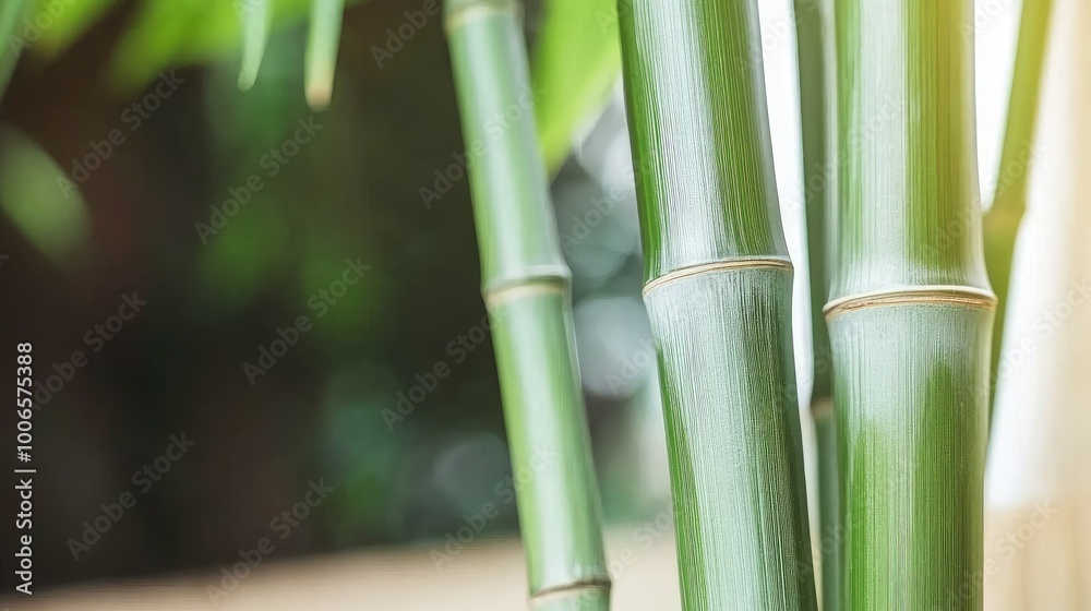 Obraz premium Bamboo shoots growing in a lush, tropical forest, with sunlight filtering through the canopy overhead.