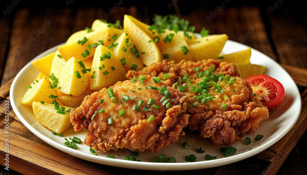 Delicious fried chicken with french fries in a plate on a wooden table Delicious fried chicken with french fries in a plate on a wooden table