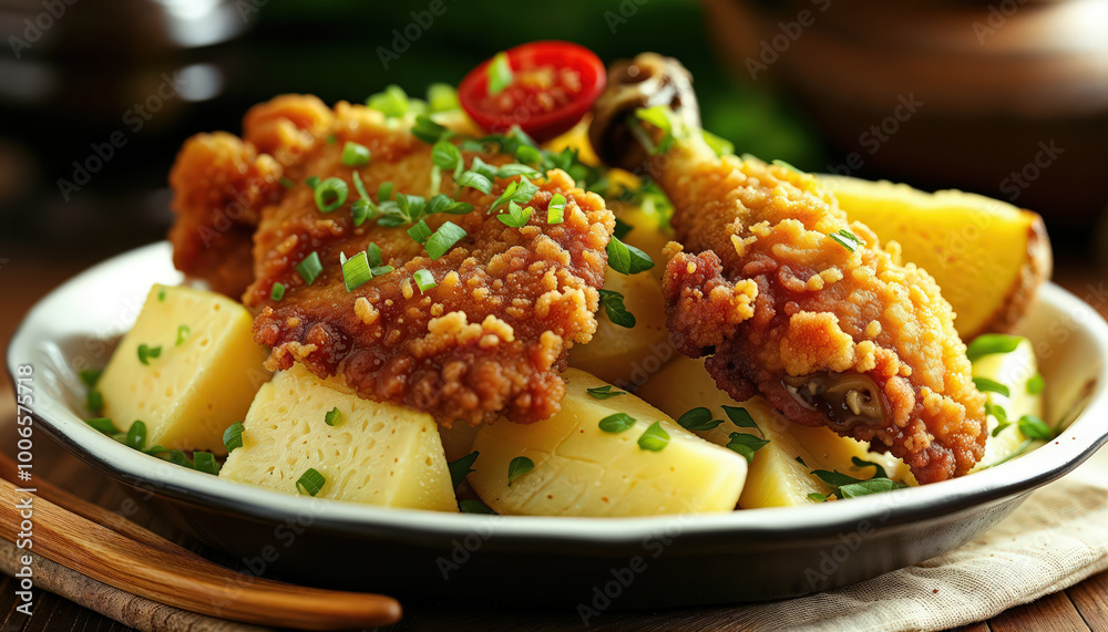 Delicious fried chicken with french fries in a plate on a wooden table Delicious fried chicken with french fries in a plate on a wooden table
