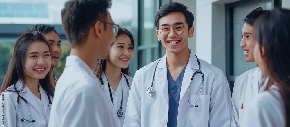 Medical Students Discussing. A group of medical students in white coats engage in a lively discussion, showcasing their collaborative learning and dedication to the field of medicine. Medical Students Discussing. A group of medical students in white coats engage in a lively discussion, showcasing their collaborative learning and dedication to the field of medicine.