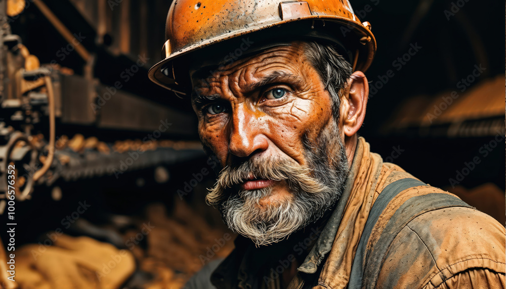 Fototapeta premium Miner working and looking at camera