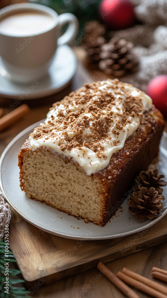 A delicious loaf cake topped with cream cheese frosting and a sprinkle of cinnamon crumble sits on a plate A delicious loaf cake topped with cream cheese frosting and a sprinkle of cinnamon crumble sits on a plate