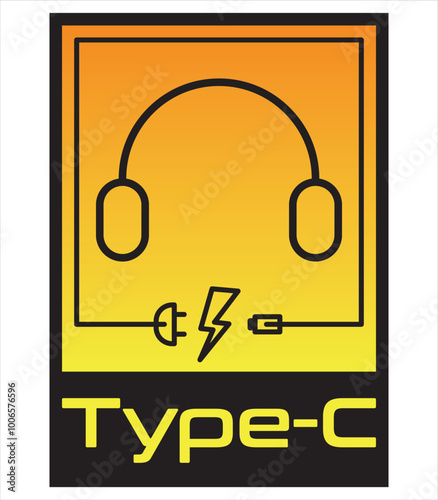 A badge, logo or sticker with the word type-c. Black and yellow. May indicate the type of charging for the headphones.