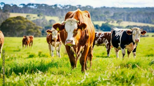 A herd of regeneratively reared cows on an agricultural farm enjoying grass in a pasture photo