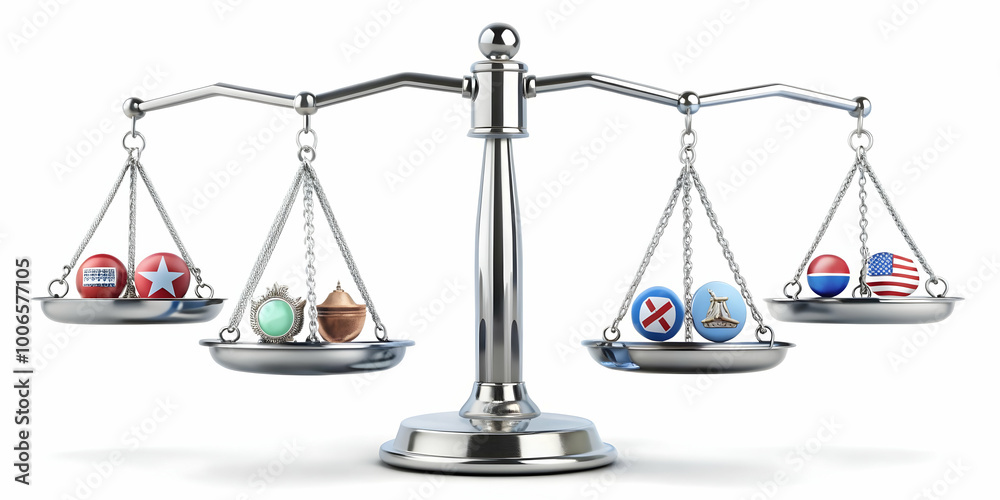 Policy Scale Balancing Icons Concept: Weighing Political Issues with Detailed Icons; Camera Rotates Around Isolated Scale on White Background for Clear Policy Explanations Policy Scale Balancing Icons Concept: Weighing Political Issues with Detailed Icons; Camera Rotates Around Isolated Scale on White Background for Clear Policy Explanations