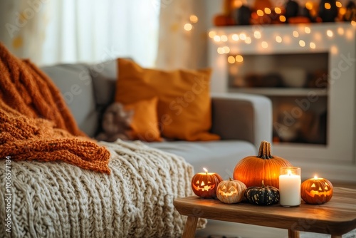 Cozy fall in living room. Thanksgiving and Halloween. Generative AI. photo