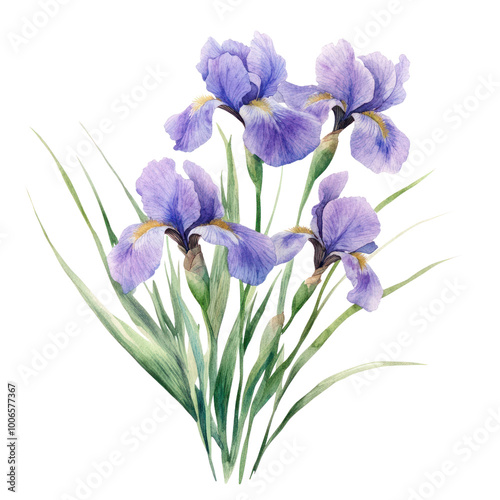 Fototapeta Naklejka Na Ścianę i Meble -  PNG Small bouquet of purple irises in grass illustration watercolor flowers.