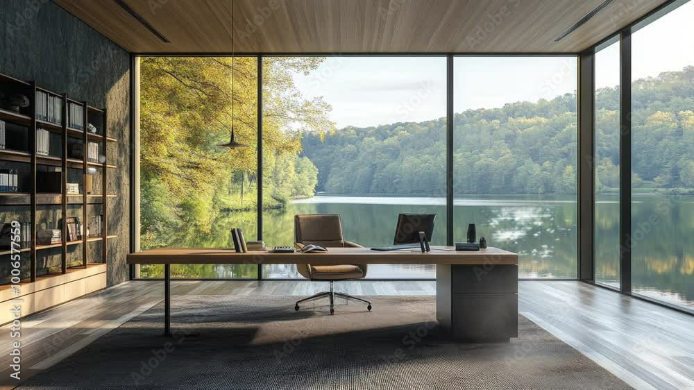 A serene home office overlooking a tranquil lake and mountains, designed for productivity and relaxation. seamless looping animation background