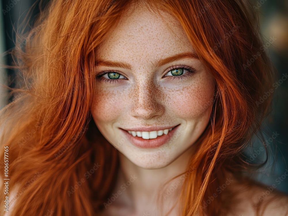A woman with long red hair and freckles smiles at the camera
