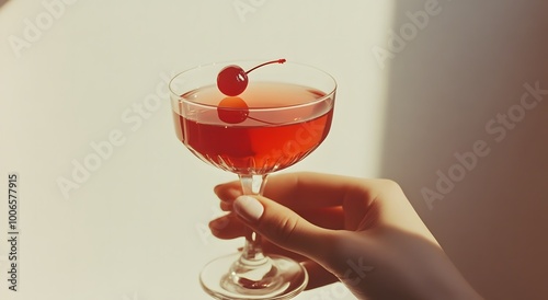 A woman is holding with her hand a cocktail glass filled with red soft drink with a cherry on a plain background. 1960s and 70s style photo