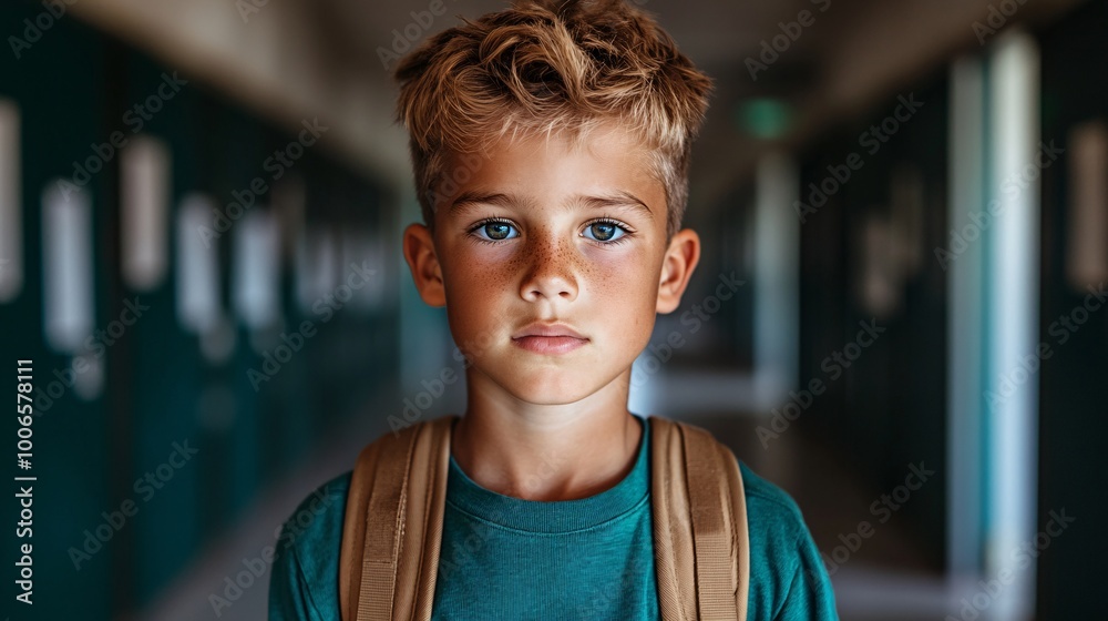 thoughtful boy in school hallway thoughtful boy in school hallway