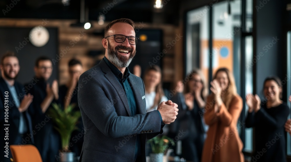 A team leader joyfully shakes hands with a newly hired employee, while coworkers applaud in a bright, contemporary office environment A team leader joyfully shakes hands with a newly hired employee, while coworkers applaud in a bright, contemporary office environment