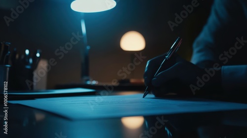 Businessman signing contract at desk working late in office at night