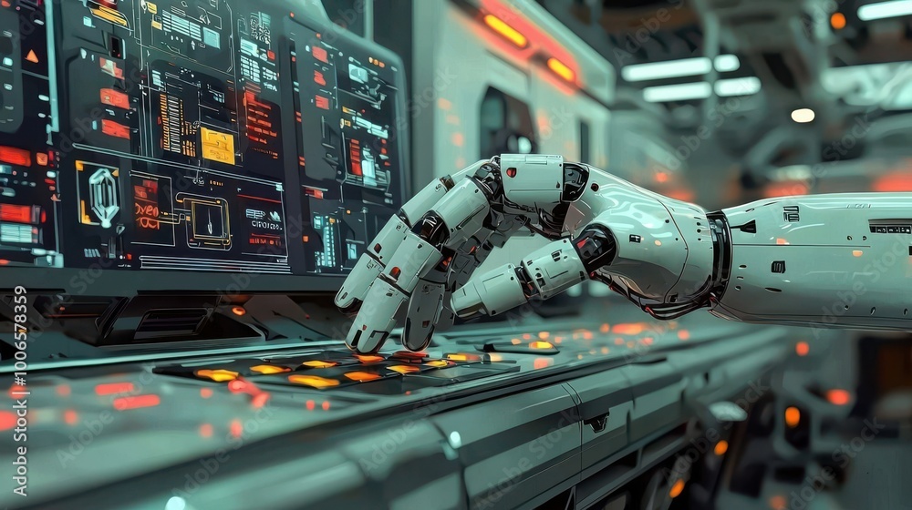 Naklejka premium Robotic arm automating business tasks, futuristic workspace, flat design illustration