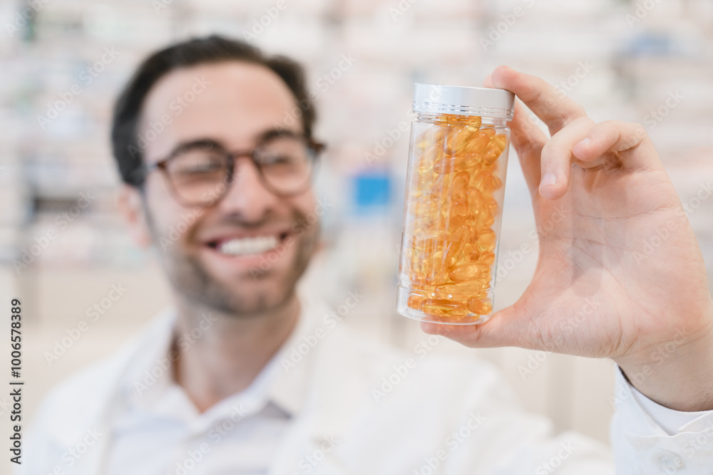 Focused shot on jar with vitamins, pills, painkillers, antibiotics, drugs against coronavirus. Male caucasian young pharmacist druggist holding remedy, medicines in pharmacy Focused shot on jar with vitamins, pills, painkillers, antibiotics, drugs against coronavirus. Male caucasian young pharmacist druggist holding remedy, medicines in pharmacy