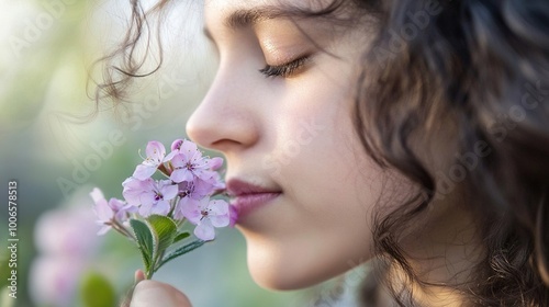 Young Girl Enjoying the Scent of Pink Flowers