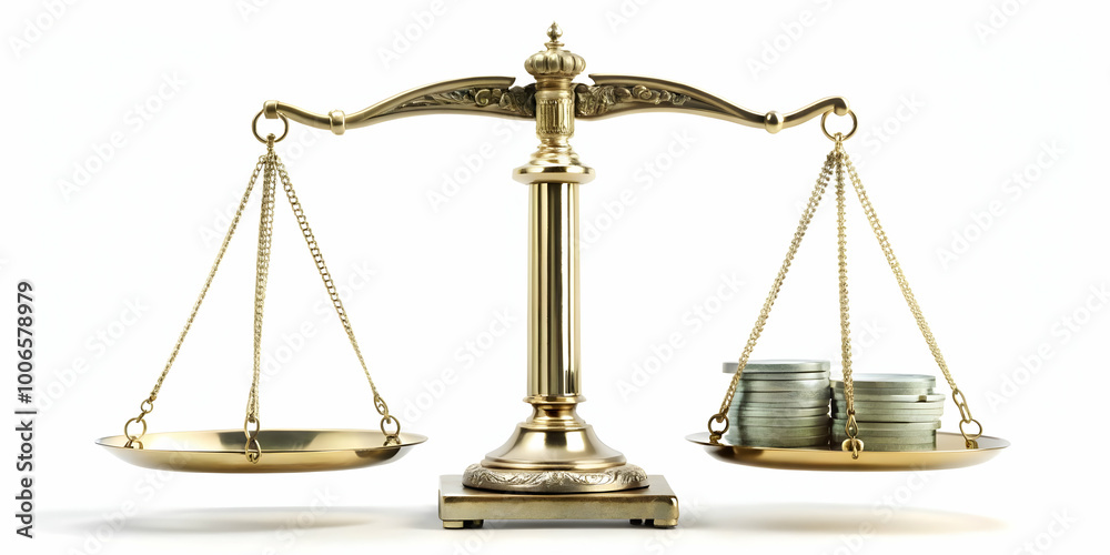 Wide Shot of Scales of Justice Frame with Ballot Weighing More Than Money, Emphasizing Electoral Integrity with Copy Space on White Background Wide Shot of Scales of Justice Frame with Ballot Weighing More Than Money, Emphasizing Electoral Integrity with Copy Space on White Background