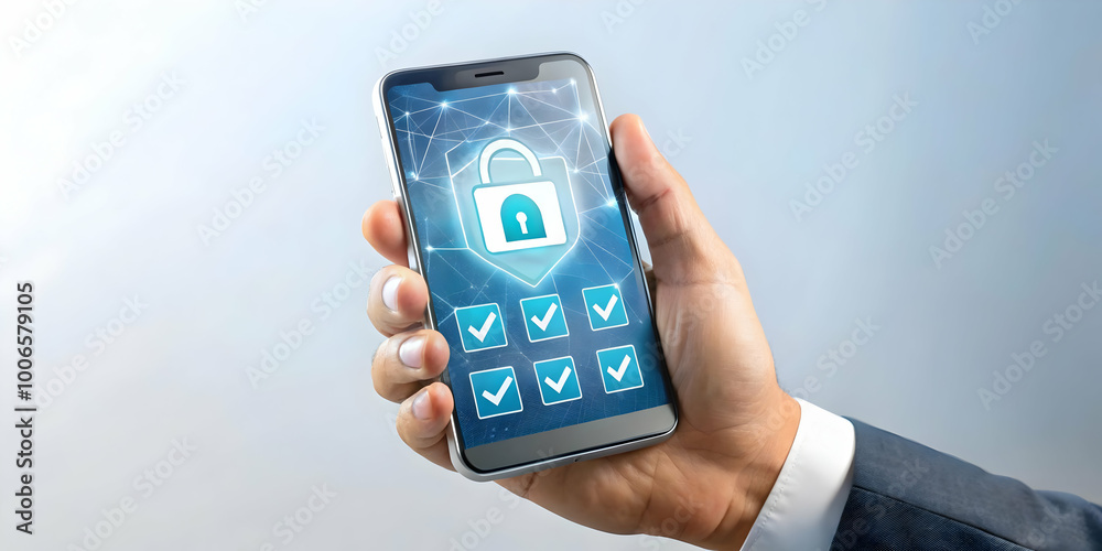 Holographic Voting App Concept: Close-Up of a Hand Holding Smartphone with Projected Interface, Voting Options, Security Features on White Background for Photo Stock Holographic Voting App Concept: Close-Up of a Hand Holding Smartphone with Projected Interface, Voting Options, Security Features on White Background for Photo Stock