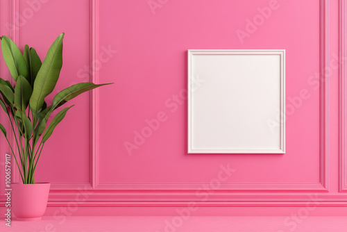 Pink room interior, minimalist decor, empty picture frame on wall, inviting space for creativity and personalization, soft pastel ambiance