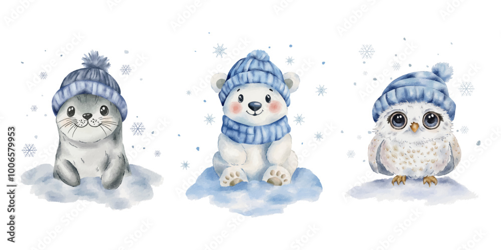 Obraz premium Winter watercolour cute animals collection. Watercolour seal, polar bear and owl in a blue hat. Vector set of winter characters for children's room decor.