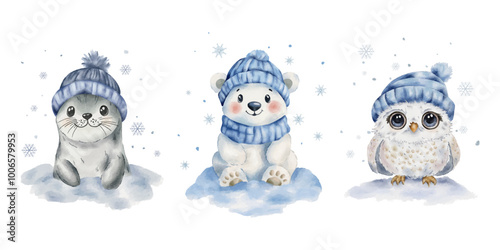 Winter watercolour cute animals collection. Watercolour seal, polar bear and owl in a blue hat. Vector set of winter characters for children's room decor.