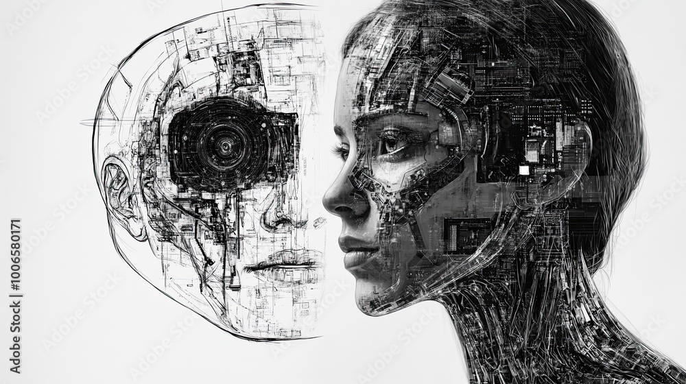 Fototapeta premium A captivating fusion of human and machine elements, showcasing a cyborg's intricate design against a minimalist backdrop