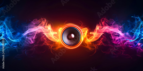 Sound speaker in neon on a black background. Sound waves.