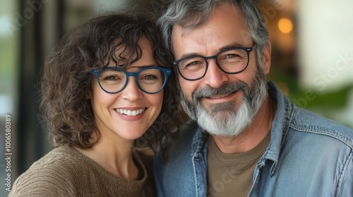 A photo of a happy middle-aged couple with grey hair and beards wearing blue-framed eyeglasses on a light background