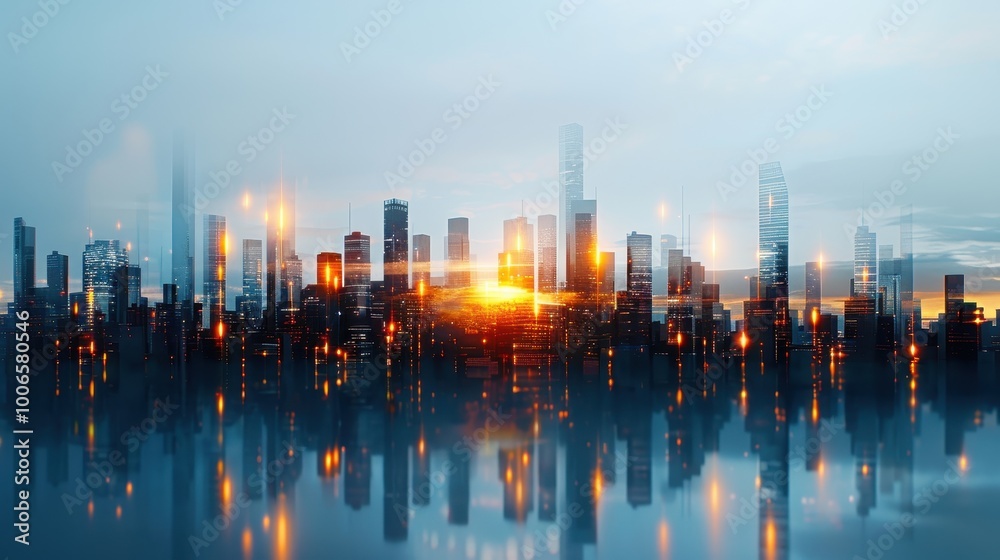 Fototapeta premium Futuristic Cityscape with Tall Skyscrapers at Sunset