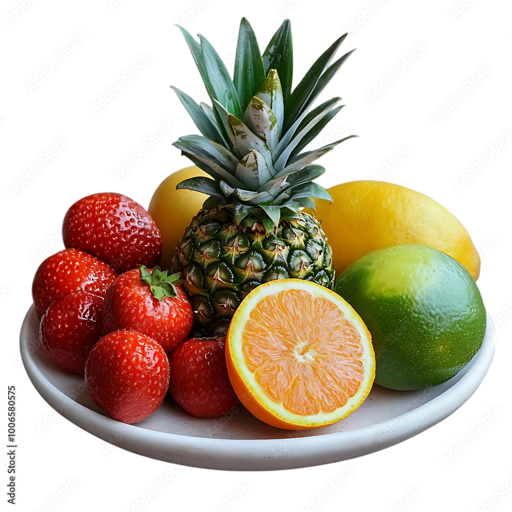 Fresh Pineapple, Strawberries, and Citrus Fruit on a Plate with a Transparent Background Fresh Pineapple, Strawberries, and Citrus Fruit on a Plate with a Transparent Background